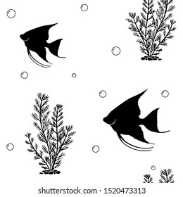 Seamless pattern with angelfish and seaweed isolated on white background; Monochrome sea objects; Vector endless background with black silhouette of fish for fabric print, texture and wrapping paper