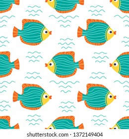 Seamless pattern with angelfishes. Underwater life. Flat design. Vector illustration. Design element for fabric, wallpaper or wrapping paper.