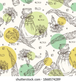 Patrón sin foco con la raíz de angelica sinensis , planta y botella de aceite esencial de angélica. Cosmética, perfumería y planta médica. Ilustración dibujada a mano por vectores.