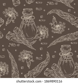 Seamless pattern with angelica sinensis root , plant  and bottle of angelica essential oil. Cosmetic, perfumery and medical plant. Vector hand drawn illustration.