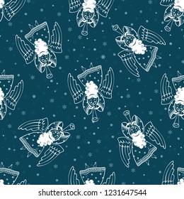 Seamless pattern with angels blowing their trumpet horns in night snowy sky. Can be used for wrapping paper, background, wallpaper, textile, etc.