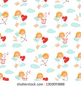 Seamless pattern with angels carrying red heart, bow, arrow, harp in clouds. Wrapping paper for Valentine Day gifts.