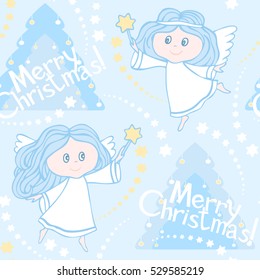 Seamless pattern with angels and Christmas trees in blue, white and golden colors. Inscription Merry Christmas.