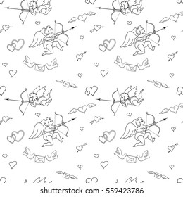 Seamless pattern with angels and hearts in doodle style. Valentines Day. Romantic love hand draw on white background.