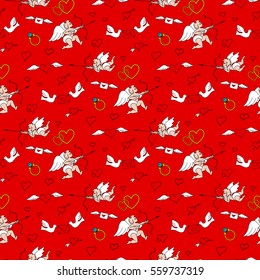 Seamless pattern with angels and hearts in doodle style. Valentines Day. Romantic love hand draw on red background