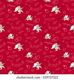 Seamless pattern with angels and hearts in doodle style. Valentines Day. Romantic love hand draw on red background