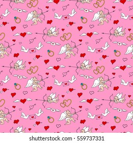 Seamless pattern with angels and hearts in doodle style. Valentines Day. Romantic love hand draw on pink background