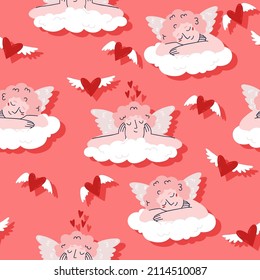 seamless pattern with angels on the clouds. cupids with wings and hearts. flat illustration isolated on white background.