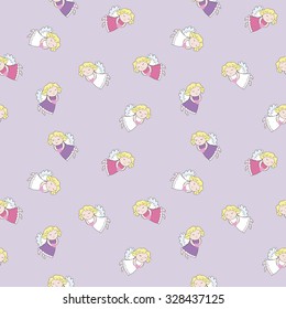 Seamless pattern with angels on purple background