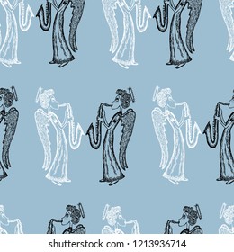 Seamless pattern of angels playing trumpets
