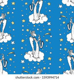 Seamless pattern of angels playing  trumpets in starry sky