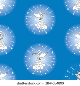 Seamless pattern of angels playing trumpets in starry sky