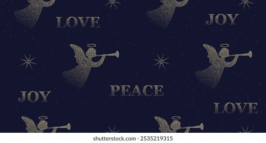 Patrón sin fisuras con ángeles y estrellas sobre fondo azul. Ilustración vectorial de invierno.