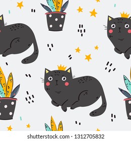 Seamless pattern with angry black cat with crown and houseplant. Textile design. Fabric design. Wallpaper.