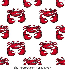 Seamless pattern of angry cartoon red crab baring his teeth with big claws