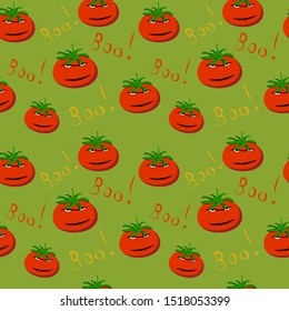 Seamless pattern: angry halloween tomato and the inscription boo on a green background. Illustration. Flat Vector.