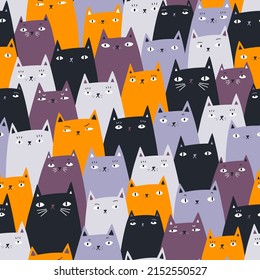 Patrón sin foco con gatos dibujados a mano enojados. Ilustración vectorial de animales con gatitos graciosos. Patrón de gatos dibujados a mano. Arte de doodle.