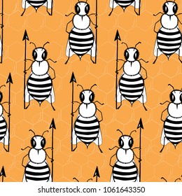 Seamless pattern with angry killer bees on the orange background. Soldier bee with pike. Killer bees army. Vector