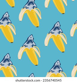 Seamless pattern of an angry shark in bananas. Hand drawn illustration of marine life.