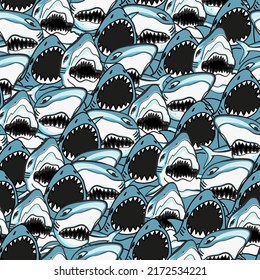 Seamless pattern of an angry shark. Hand drawn illustration of marine life.