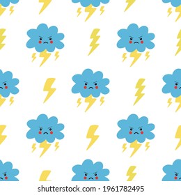 Seamless pattern with angry thundercloud and lightnings on white background.