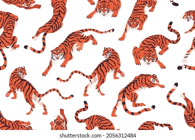 Seamless pattern with angry tigers. Endless repeating background with evil wild felines prowling and roaring. Texture design with tropical animal for printing. Colored flat vector illustration