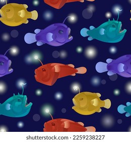 Seamless pattern with angry toothy anglers with lanterns bait. Vector cartoon detailed illustration of anglerfish. Deep sea fauna.