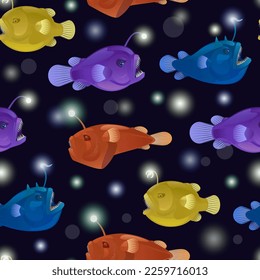 Seamless pattern with angry toothy anglers with lanterns bait. Vector cartoon detailed illustration of anglerfish. Deep sea fauna.