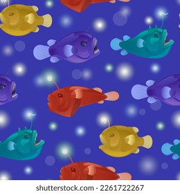 Seamless pattern with angry toothy anglers with lanterns bait. Vector cartoon detailed illustration of anglerfish. Deep sea fauna.