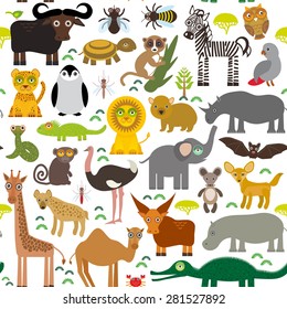 Seamless pattern Animal Africa parrot Hyena Rhinoceros Zebra Hippopotamus Crocodile Turtle Elephant snake camel tsetse ostrich lemur Chameleon Monkey Fenech Leo Leopard Giraffe buffalo Penguin. Vector