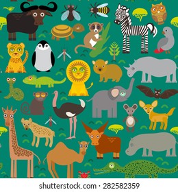 Seamless pattern Animal Africa parrot Hyena Rhinoceros Zebra Hippopotamus Crocodile Turtle Elephant snake camel tsetse ostrich lemur Chameleon Monkey Fennec Leo Leopard Giraffe buffalo Penguin. Vector