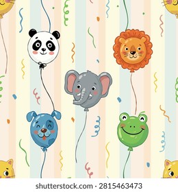 Seamless pattern with animal balloons on striped background
