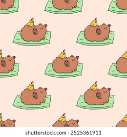 Seamless pattern with animal capybara and chick bird sleeping on a pillow. Background with cartoon characters relaxing. Vector illustration