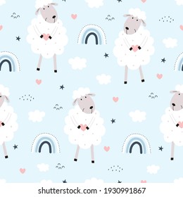 Seamless pattern Animal cartoon background has a sheep with cloud and rainbow in the sky. Hand drawn design in children's style, use for print, wallpaper, fabric textile pattern. Vector illustration