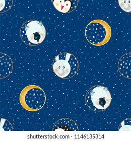 Seamless pattern with animal cartoon flat labels print Winter New year theme, great design for 2019 calendar, Christmas sticker icon, party fun card, xmas holiday banner Vector illustration