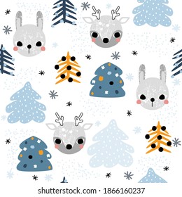 Seamless pattern with animal and Christmas trees. Holiday cute print. Vector hand drawn illustration.