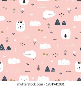 Seamless pattern Animal face with bear and cat and crocodile on pastel pink background. Hand drawn design in cartoon style, used for Textile, Fabric, Print, Decoration wallpaper. Vector illustration