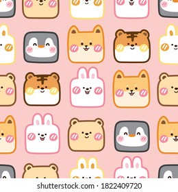 Seamless pattern of animal face on pink background.Rabbit,Shiba inu dog,tiger,penguin,bear cartoon.Image for background,baby product,texture.Graphic.Repeating.Kawaii.Vector.Illustration.