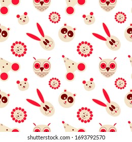 Seamless pattern animal face owl,mouse,panda, rabbit,lion,bear.Nordic style,art line,flat, cartoon.Vector illustration on isolated background. 
