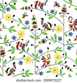 Seamless pattern with animal and floral ornament in the style of Mexican otomi embroidery