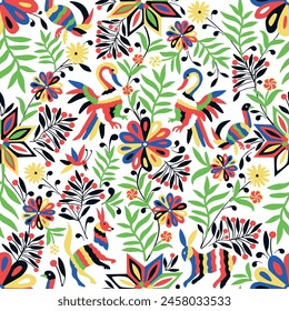 Seamless pattern with animal and floral ornament in the style of Mexican otomi embroidery