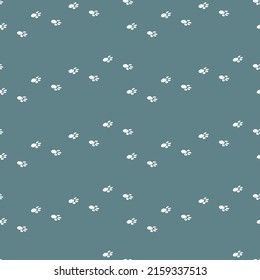 Seamless pattern animal footptint, paw print  on blue background. Vector illustration for children.