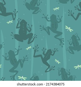 Seamless pattern with animal frogs and dragonflies. Abstract modern print with silhouettes of aquatic amphibians. Vector graphics.