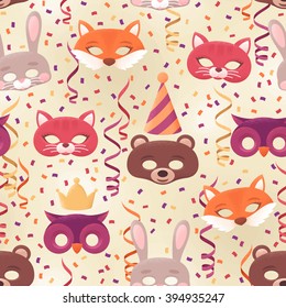 Seamless pattern with animal masks, paper streamers and confetti. Costume party background