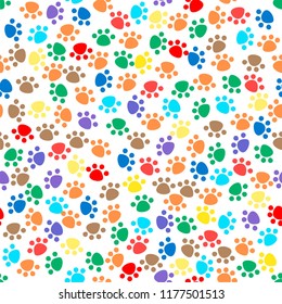 Seamless pattern with animal paw prints, cute Pet paws, background texture. vector illustration.	