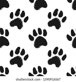 Seamless Pattern With Animal Paw Prints. Dog Or Cat Hand Drawn Paw Print.