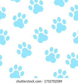 Seamless pattern with animal paw prints silhouette. Light blue and white. Cute and funny. Cartoon style. Cats and dogs. Pet shop. Veterinary. For postcards, textile, wallpaper and wrapping paper