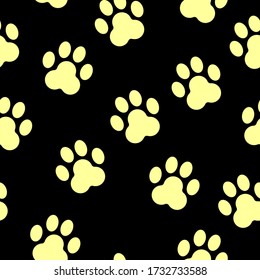 Seamless pattern with animal paw prints silhouette. Yellow and black. Cute and funny. Cartoon style. Cats and dogs. Pet shop. Veterinary. For postcards, textile, wallpaper and wrapping paper