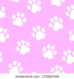 Patrón sin foco con la silueta de la pata animal. Rosa y blanco. Agradable y gracioso. Estilo de caricatura. Gatos y perros. Tienda de mascotas. Veterinario. Para postales, textiles, papel pintado y papel envolvente