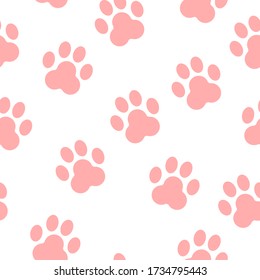 Seamless pattern with animal paw prints silhouette. Pastel pink and white. Cute and funny. Cartoon style. Cats and dogs. Pet shop. Veterinary. For postcards, textile, wallpaper and wrapping paper